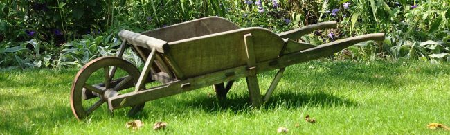 BF-Moestuin-1600×480 Holz-Schubkarre mit einem Rad auf grünem Rasen im Garten, ideal für Outdoor-Fitness.