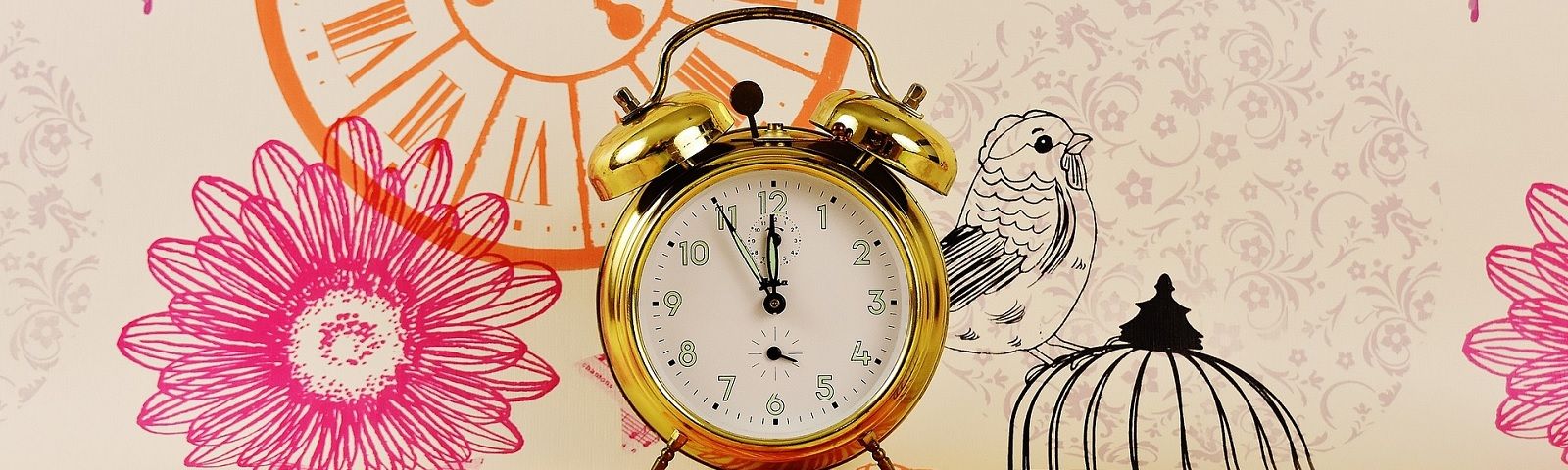 BF-meer-slapen-minder-eten-1600×480 Wecker neben einer Blume und einem Vogel, Symbol für Fitness und Wohlbefinden.