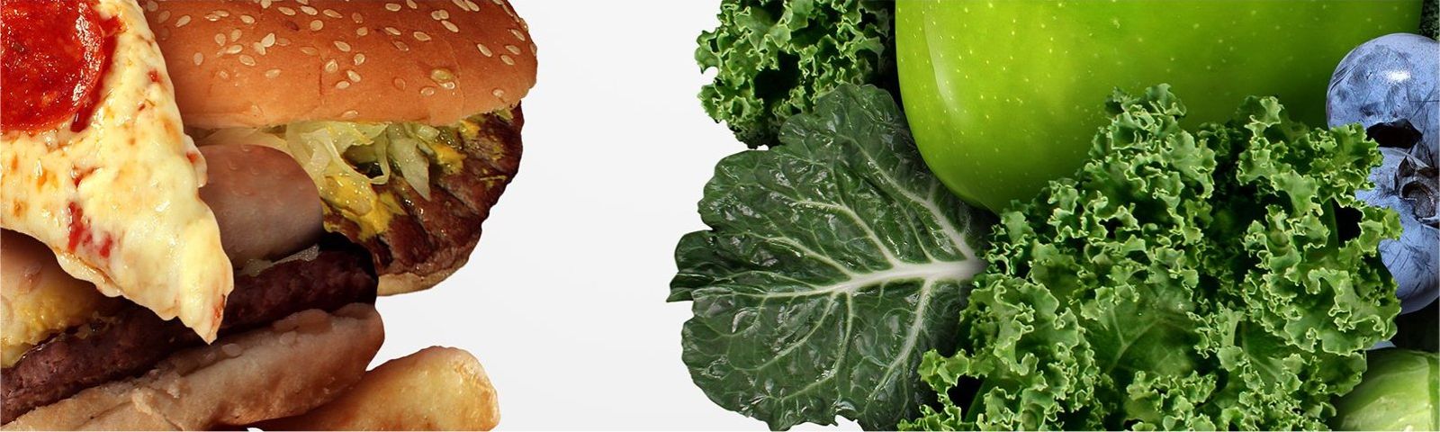 bf-nieuwsbrief-mei_2 Herzhaftes Fast Food vs. gesunde grüne Lebensmittel: Pizza, Burger, Grünkohl, Apfel, Blaubeeren.