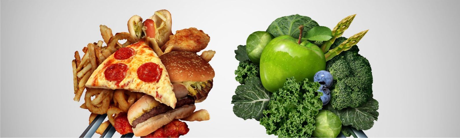 zout-en-vet-groot Gesunde Ernährung vs. Fast Food: Apfel, Gemüse & Beeren gegen Pizza, Burger & Pommes für Ihr Fitnessziel.