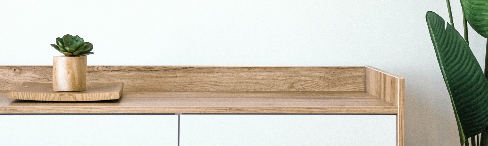 opgeruimd huis 1600×480 Holzregal mit grüner Pflanze, perfekt für Fitness-Ernährungsprodukte.