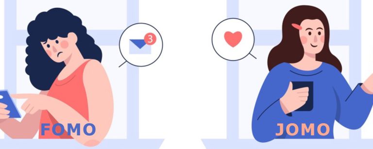 FOMO vs. JOMO: Stress durch Benachrichtigungen vs. Gelassenheit mit der Natur.