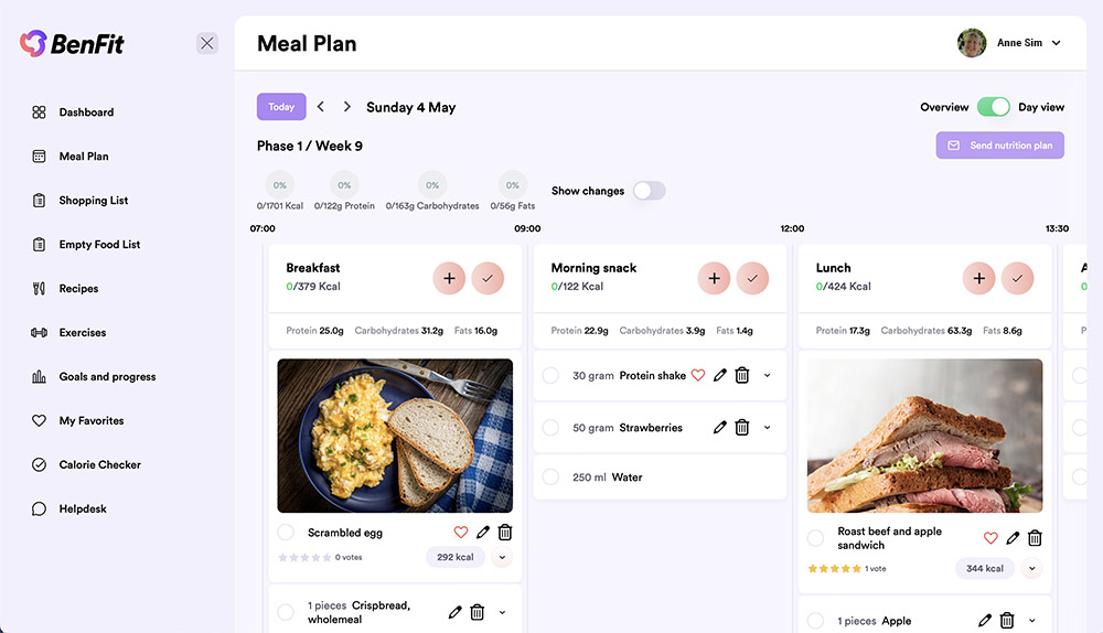 BenFit Fitness-App: Personalisierter Ernährungsplan mit täglichem Essens-Tagebuch, Kalorien- & Makro-Tracking für gesunde Ernährung.