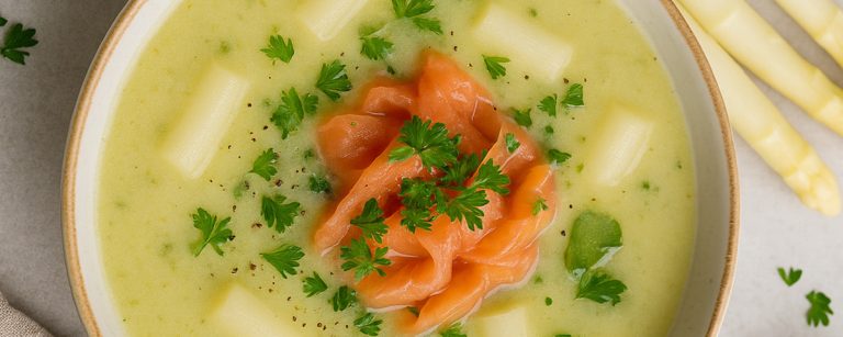 Healthy asparagus soup with smoked salmon – light, creamy and nutritious