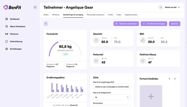 Personal trainer using BenFit software on a tablet to create an AI-driven weekly nutrition plan for a client.