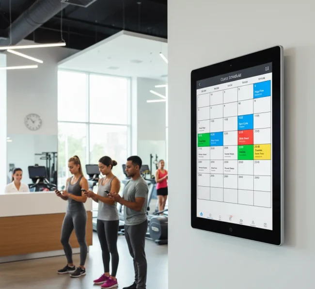 Tablet displaying colorful class schedule calendar with gym members booking in background