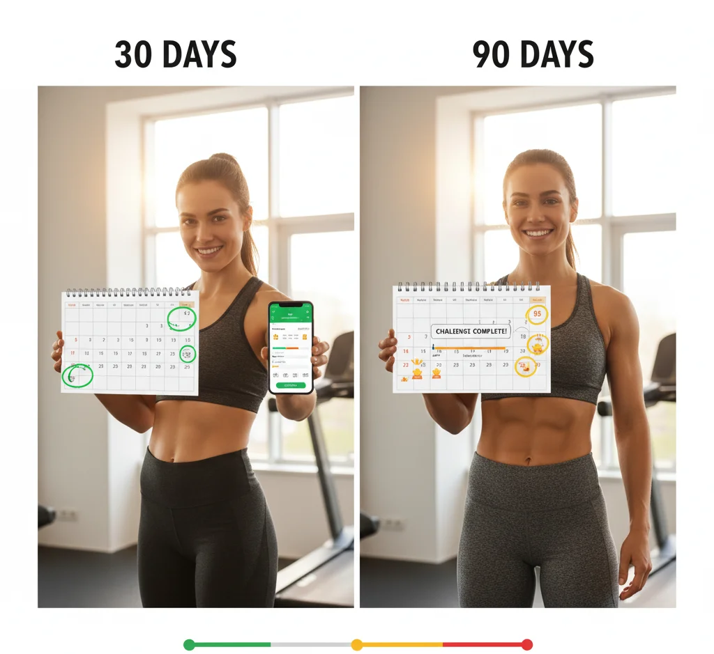Split-screen showing 30-day vs 90-day challenge with calendars and progress indicators