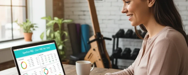Laptop showing gym software with calculator displaying £0.00, piggy bank, budget emphasis
