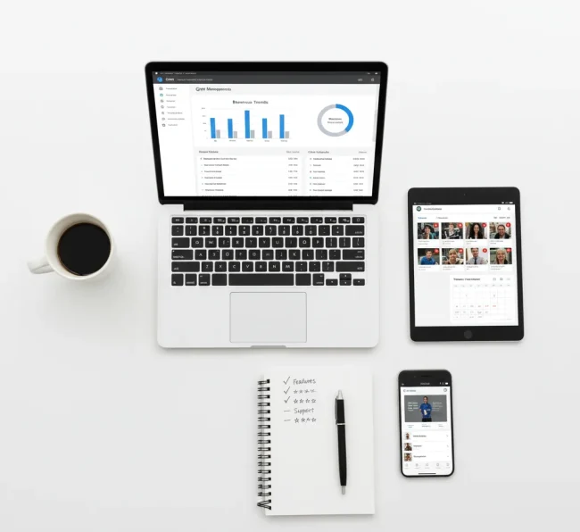 Gym management dashboard displayed across multiple devices