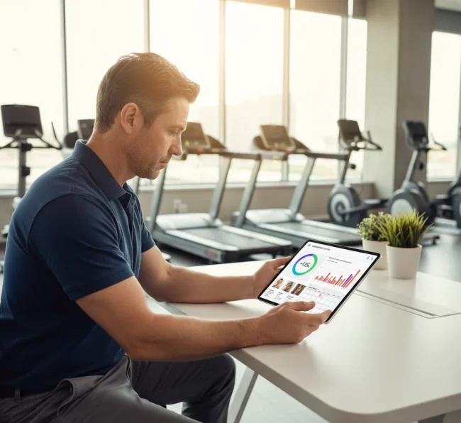 Gym owner reviewing essential features on tablet dashboard