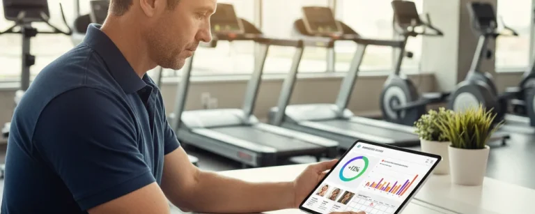 Gym owner reviewing essential features on tablet dashboard