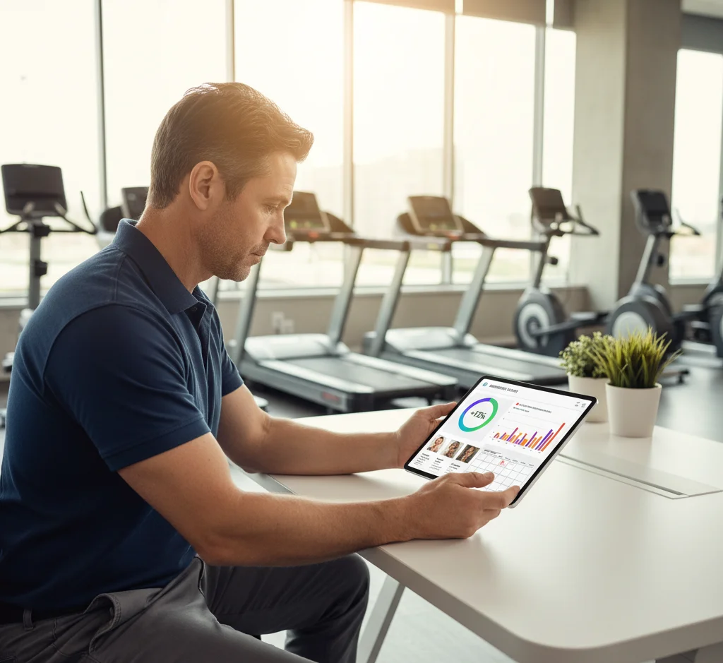 Gym owner reviewing essential features on tablet dashboard