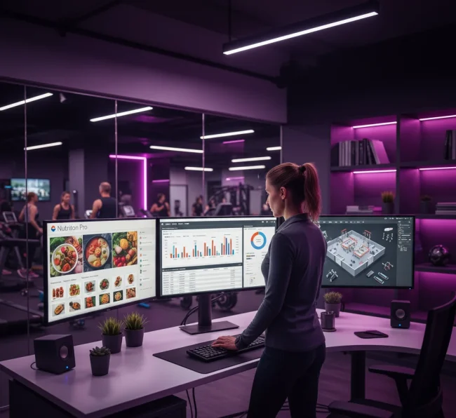 Multi-monitor setup showing nutrition, accounting, and facility design